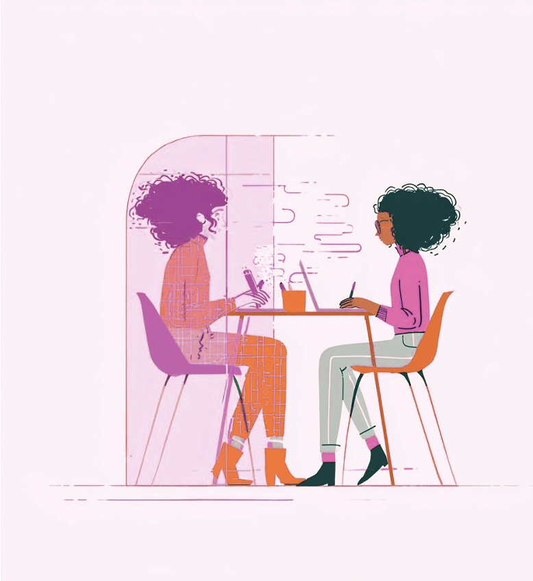 Two people sitting across a table working together, one figure rendered semi-transparent