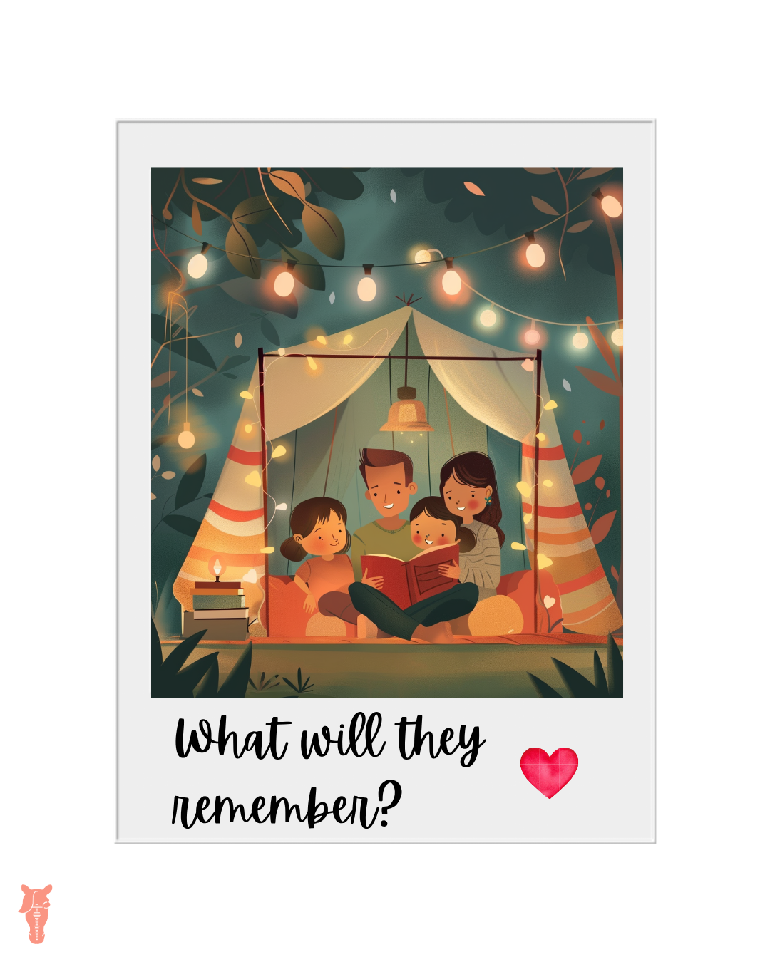 Illustrated Dudley Editions Instagram post in a Polaroid frame showing a family reading together under fairy lights in a garden tent, with the caption What will they remember?