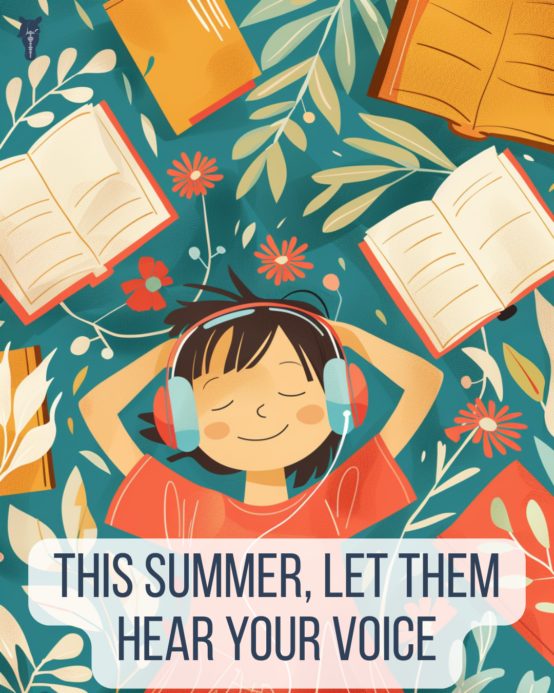 Illustrated Dudley Editions Instagram post showing a child listening to an audiobook with headphones, surrounded by books and flowers, with the caption This Summer, Let Them Hear Your Voice